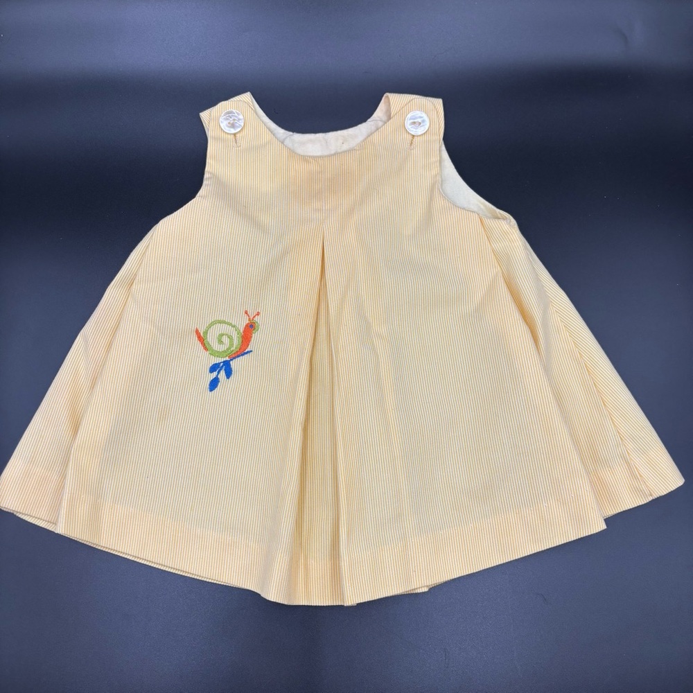 Vintage Fawn Fashions Baby‎ Dress Yellow Pinstripe Embroidered Snail Buttons 12M
